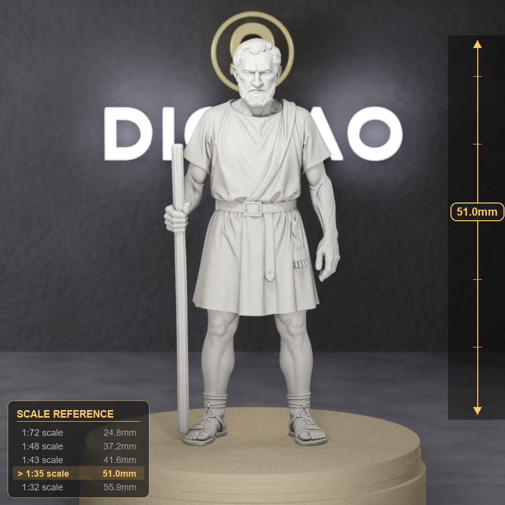 Doctore Trainer — Roman gladiator school instructor, 1:35 scale grey resin miniature, plain tunic, training staff, weathered face. — size reference with ruler.