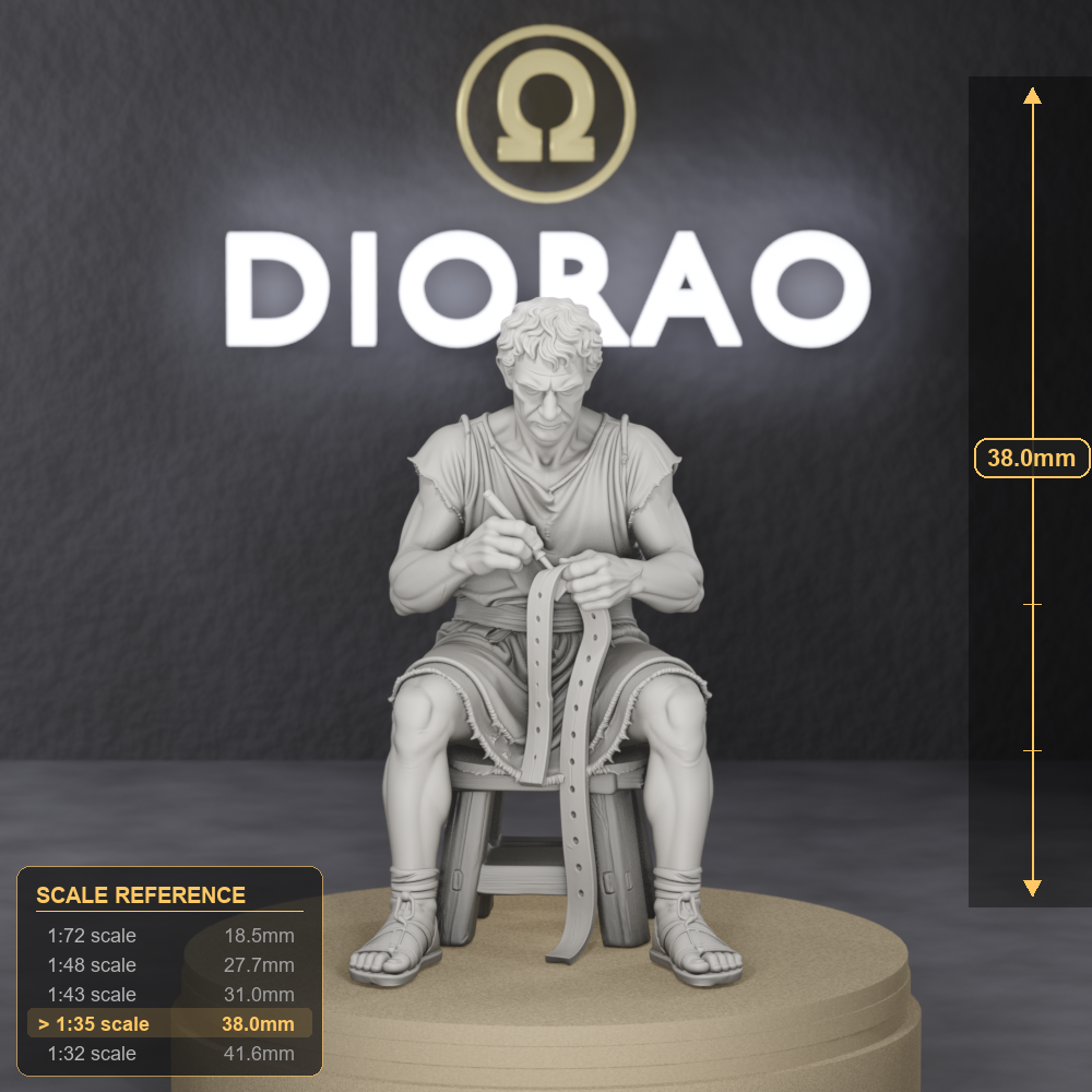 Leather Repair Worker — Roman ludus support craftsman, 1:35 scale grey resin miniature, seated/bent pose, repairing training straps. — size reference with ruler.