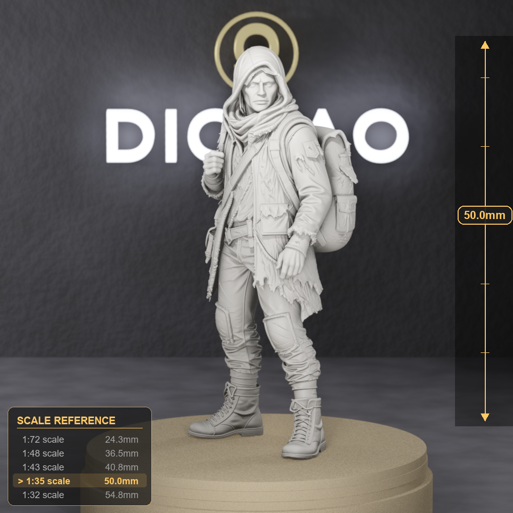 Ash Covered Camp Scout - near-future post-event camp scout in scavenged kit with respirator, 1:35 scale grey resin miniature. - size reference with ruler.