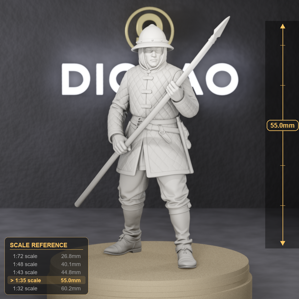 Bohemian Pike Infantryman - 15th century Bohemian mercenary pikeman at Grunwald, 1:35 scale grey resin miniature. - size reference with ruler.