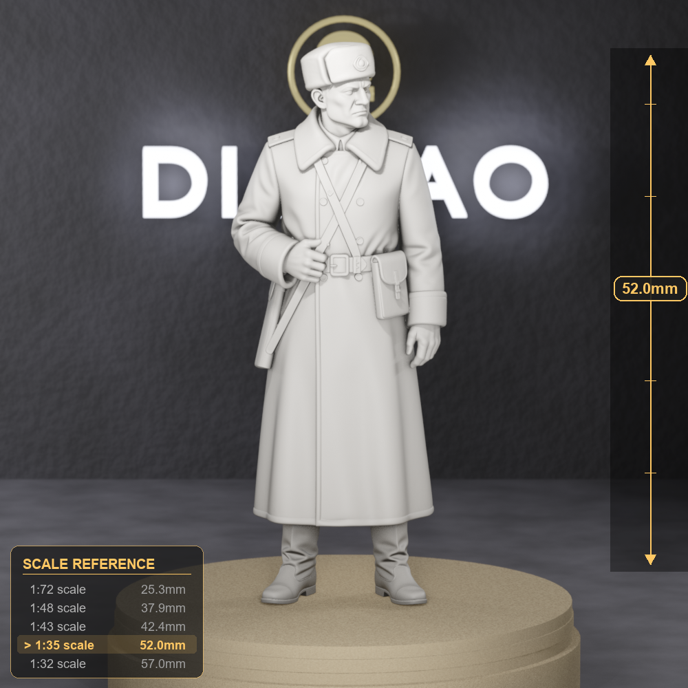 Border Guard Sentry In Greatcoat - Cold War Soviet KGB border guard in greatcoat with shouldered rifle, 1:35 scale grey resin miniature. - size reference with ruler.