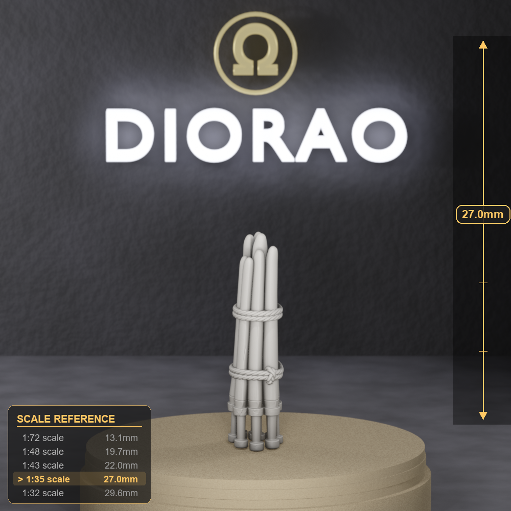 Bundle of Practice Swords — stacked Roman wooden gladii ligneii, 1:35 scale grey resin miniature. — size reference with ruler.