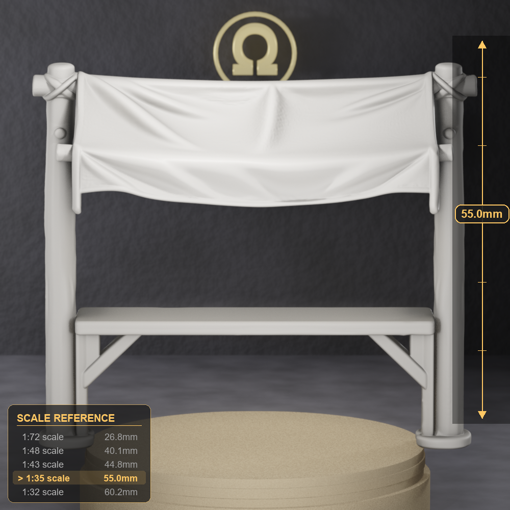 Canvas Awning Stall Section - small colonial market stall fragment with two posts and sagging canvas awning, 1:35 scale grey resin miniature. - size reference with ruler.