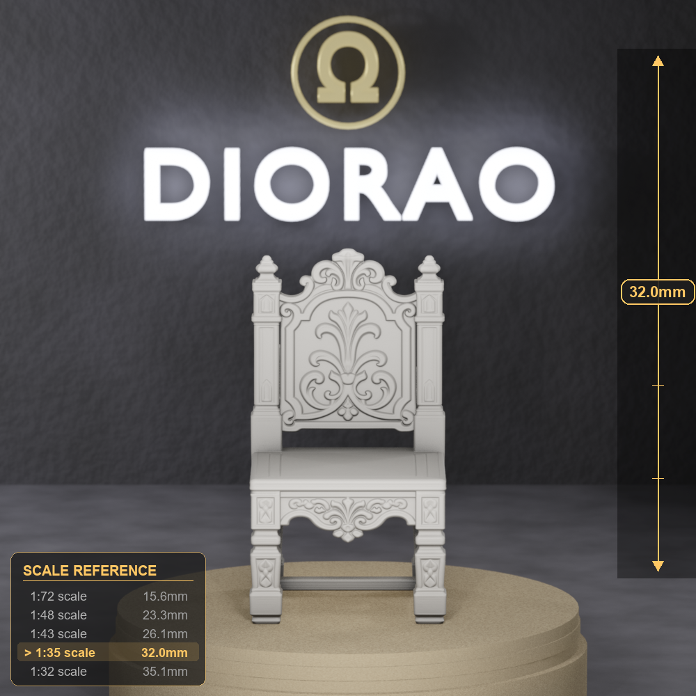 Carved Noble Chair - elaborately carved high-status noble chair with relief panels, 1:35 scale grey resin miniature. - size reference with ruler.
