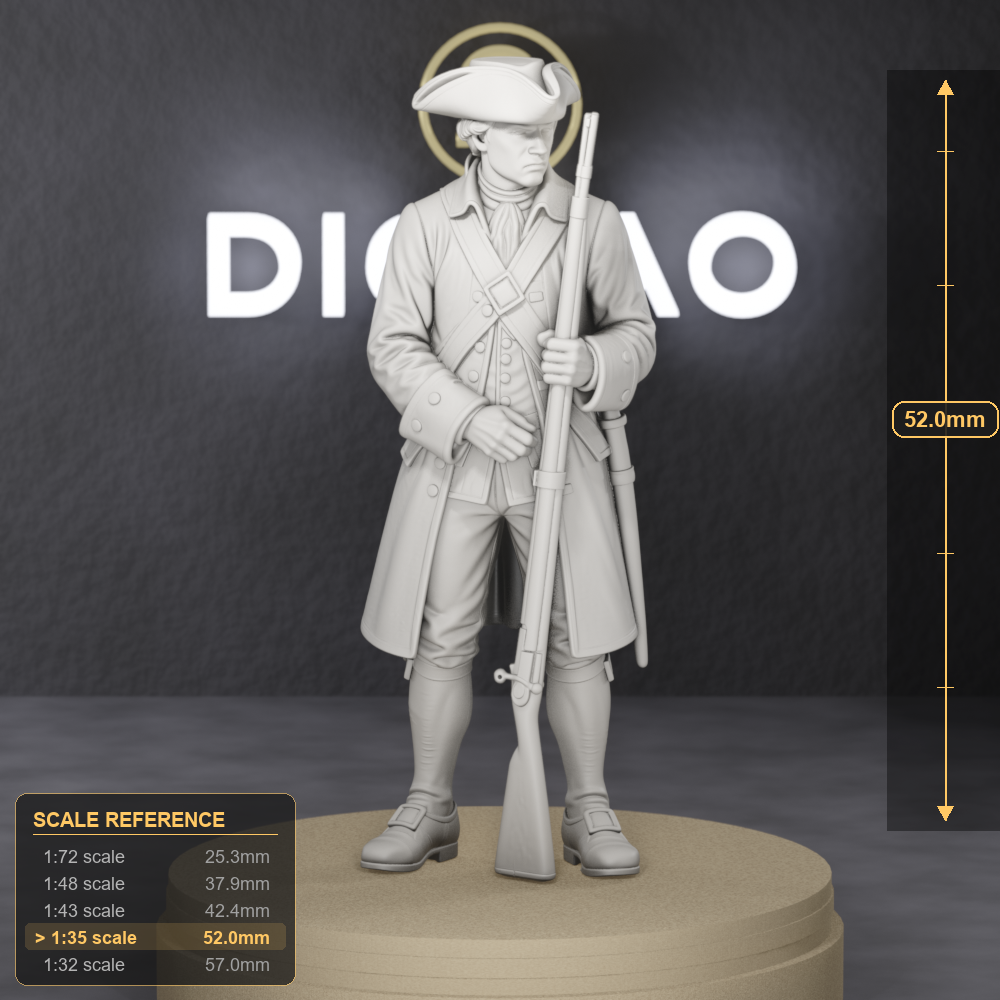 Colonial Militia Sentry - modest colonial sentry in tricorn hat and long coat with shouldered musket, 1:35 scale grey resin miniature. - size reference with ruler.