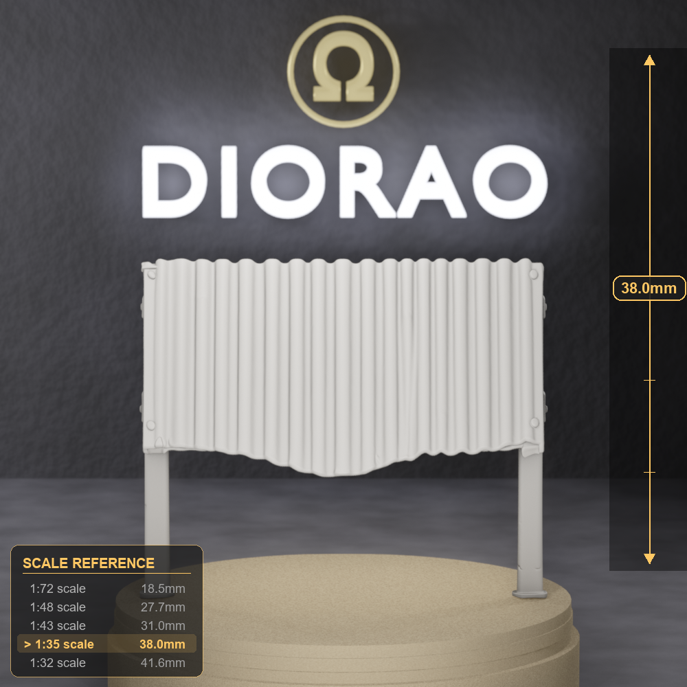 Corrugated Sheet Lean-To Panel - modern Sahel corrugated metal lean-to panel, 1:35 scale grey resin miniature. - size reference with ruler.