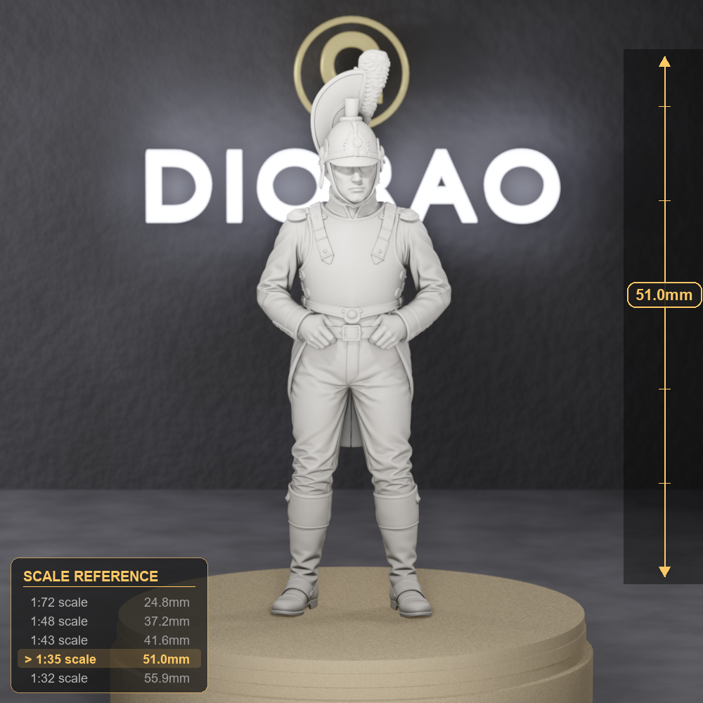 Cuirassier Trooper In Breastplate - Napoleonic French cuirassier in breastplate and crested helmet, 1:35 scale grey resin miniature. - size reference with ruler.