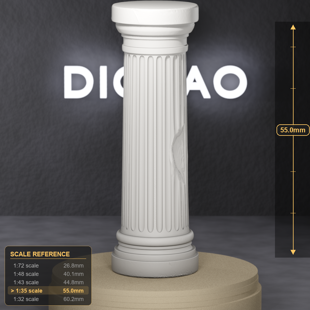 Doric Column Section - Greek Doric column section with fluting and capital, 1:35 scale grey resin miniature. - size reference with ruler.