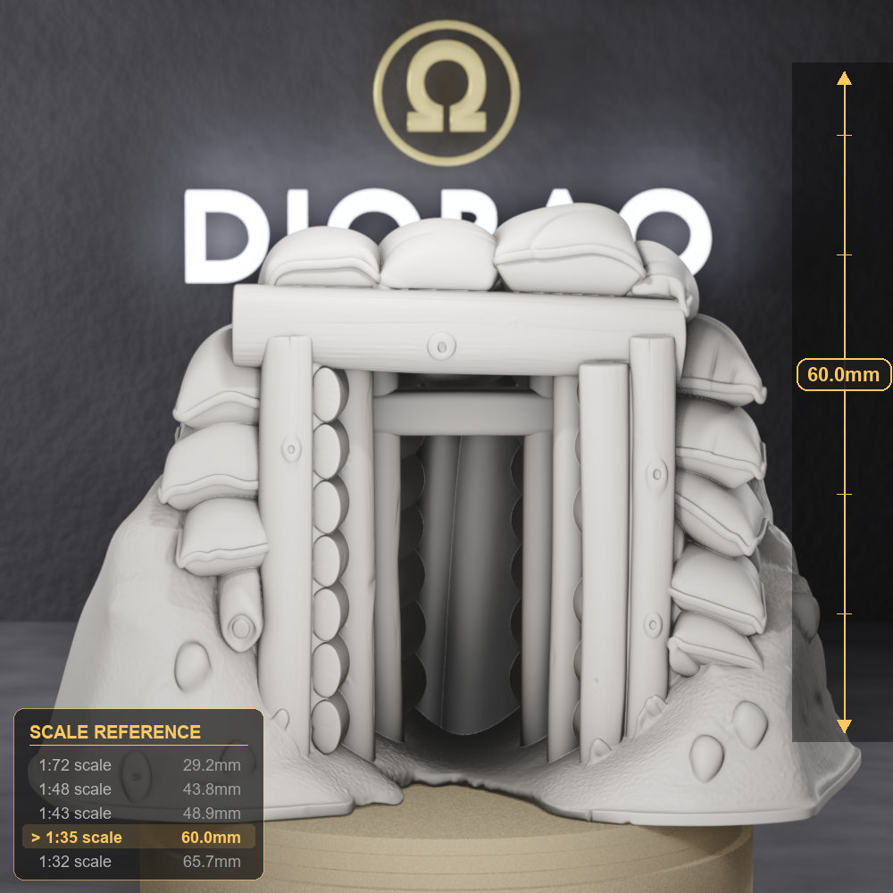 Dugout Entrance Facade - WWII Soviet zemlyanka dugout entrance section, 1:35 scale grey resin miniature. - size reference with ruler.