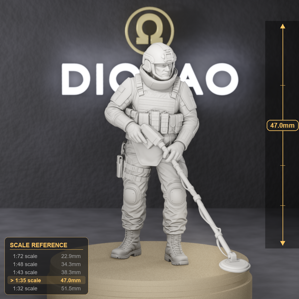 EOD Tech With Detector - modern EOD technician sweeping with metal detector, 1:35 scale grey resin miniature. - size reference with ruler.