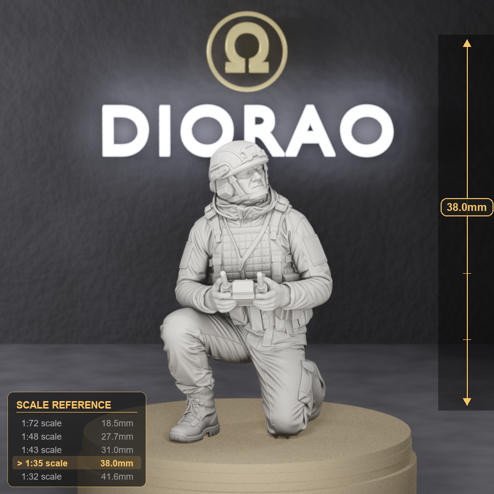 FPV Drone Operator Kneeling - Ukrainian FPV drone operator kneeling with goggles and controller, 1:35 scale grey resin miniature. - size reference with ruler.