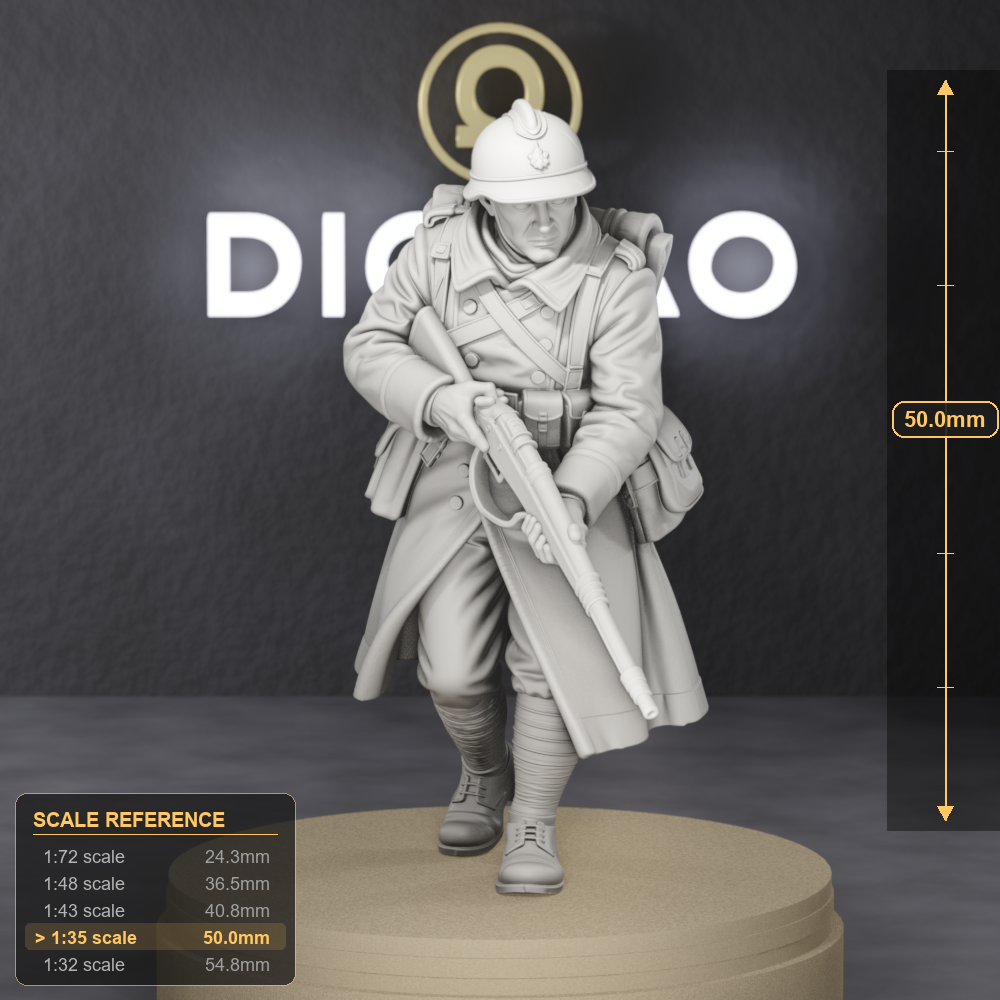 French Rifleman On Duckboards - WW1 poilu in horizon-blue greatcoat standing on trench duckboards with rifle, 1:35 scale grey resin miniature. - size reference with ruler.