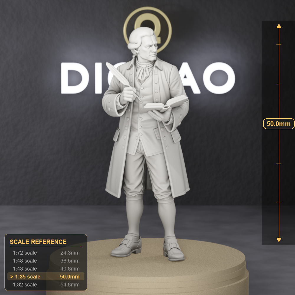 Harbor Clerk With Ledger - colonial period clerk in waistcoat with open ledger and quill, 1:35 scale grey resin miniature. - size reference with ruler.