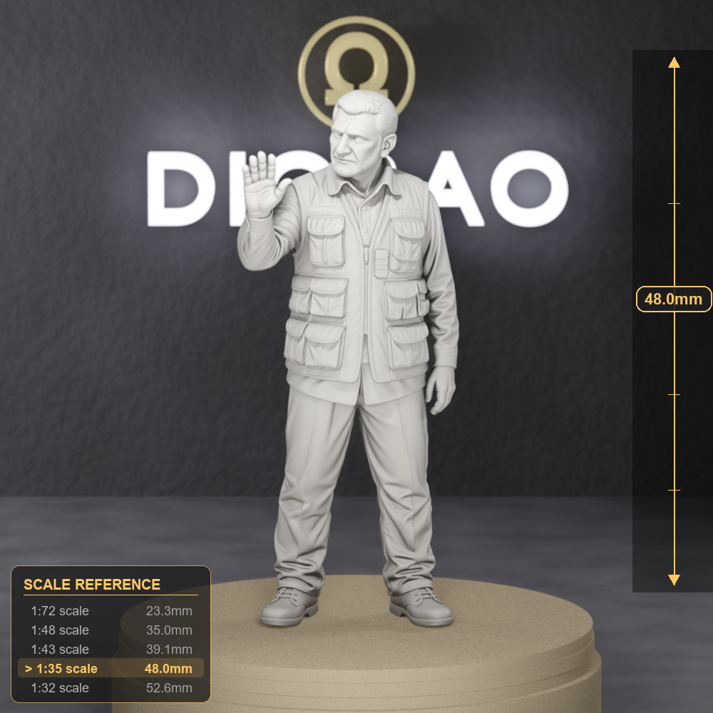 Interpreter In Patrol Vest - modern patrol interpreter in civilian clothes and basic protective vest, 1:35 scale grey resin miniature. - size reference with ruler.