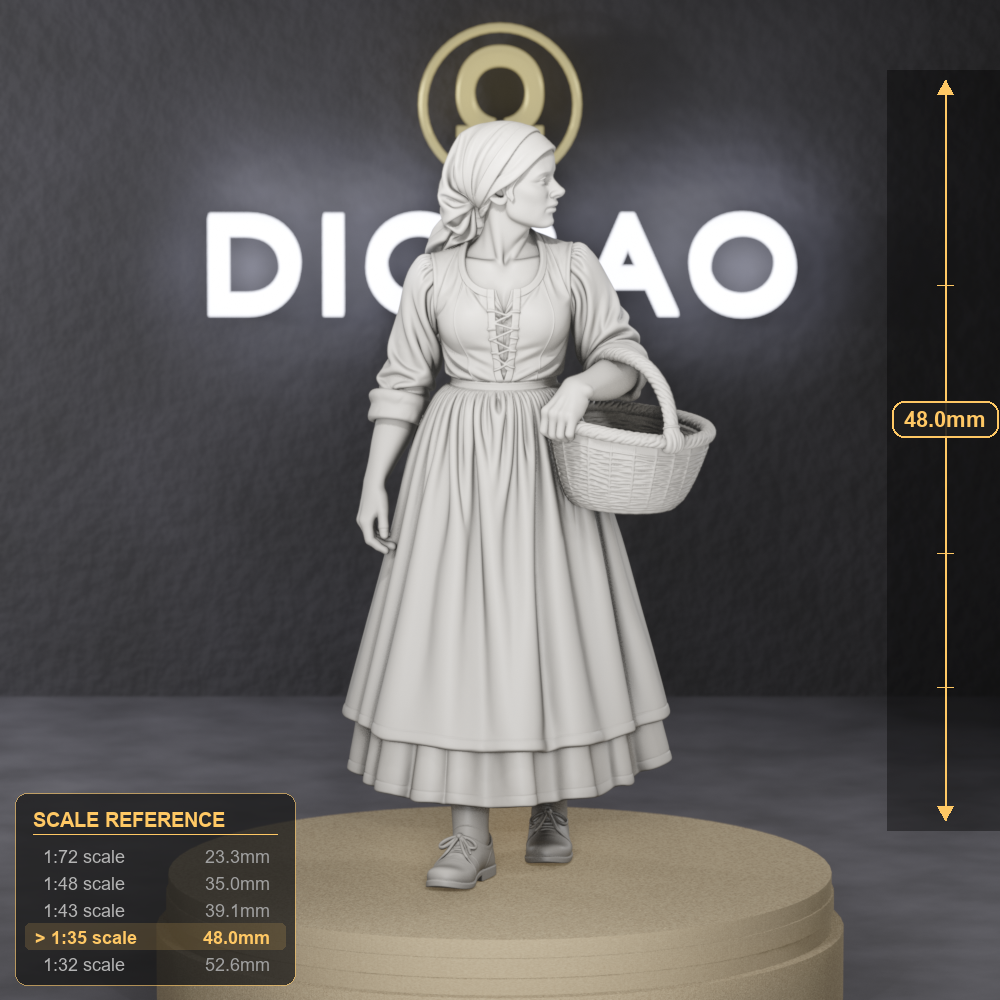 Market Woman With Basket - colonial market woman in plain dress with wicker basket, 1:35 scale grey resin miniature. - size reference with ruler.