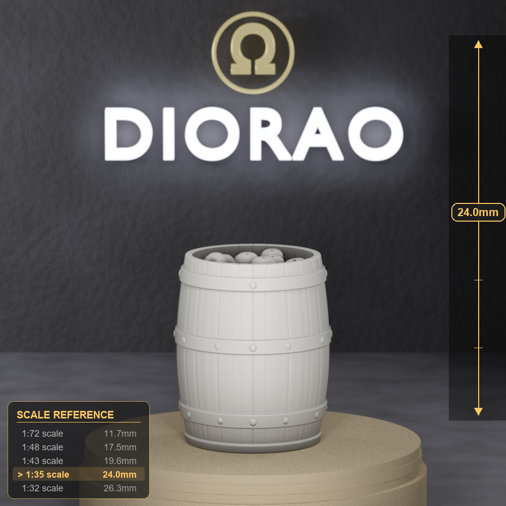 Open Barrel With Apples - open wooden barrel filled with rounded apples, 1:35 scale grey resin miniature. - size reference with ruler.