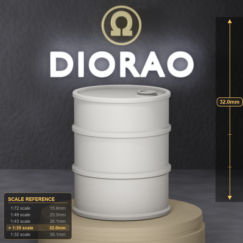 Patinated Oil Barrel - heavily patinated industrial steel oil drum with rust and oil streaks, 1:35 scale grey resin miniature. - size reference with ruler.