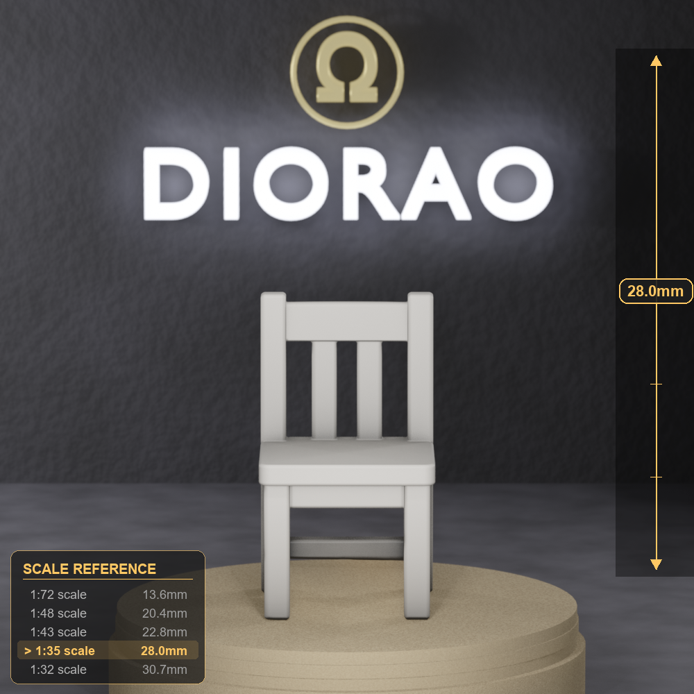 Plain Tavern Chair - simple wooden tavern chair, 1:35 scale grey resin miniature. - size reference with ruler.