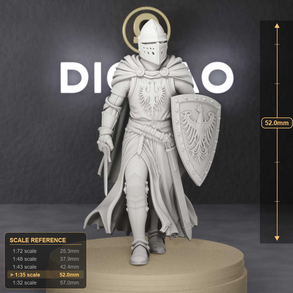 Polish Crown Knight Advancing - 15th century Polish Crown knight in plate harness advancing at Grunwald, 1:35 scale grey resin miniature. - size reference with ruler.