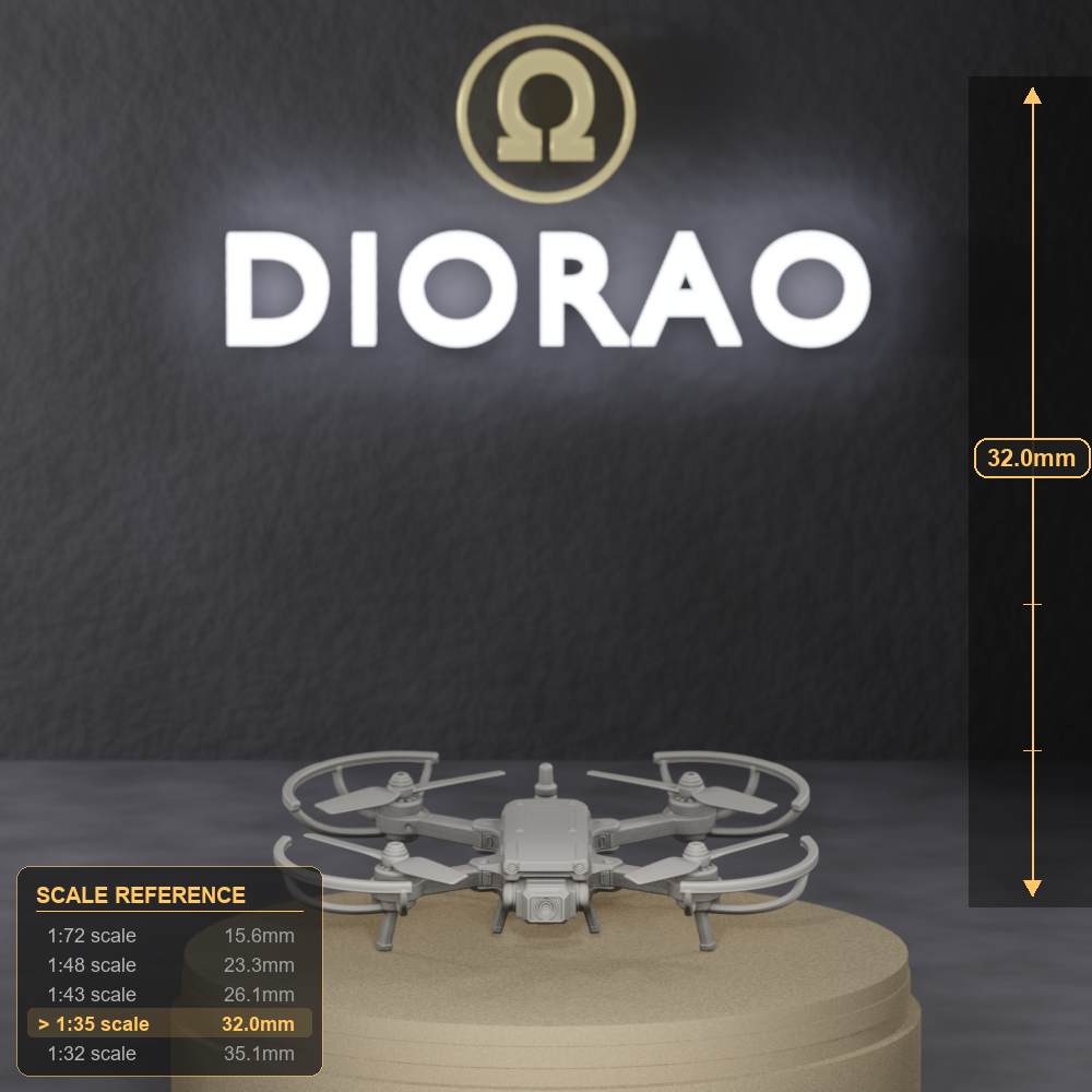 Quadcopter Recon Drone - small consumer-grade quadcopter recon drone on the ground, 1:35 scale grey resin miniature. - size reference with ruler.