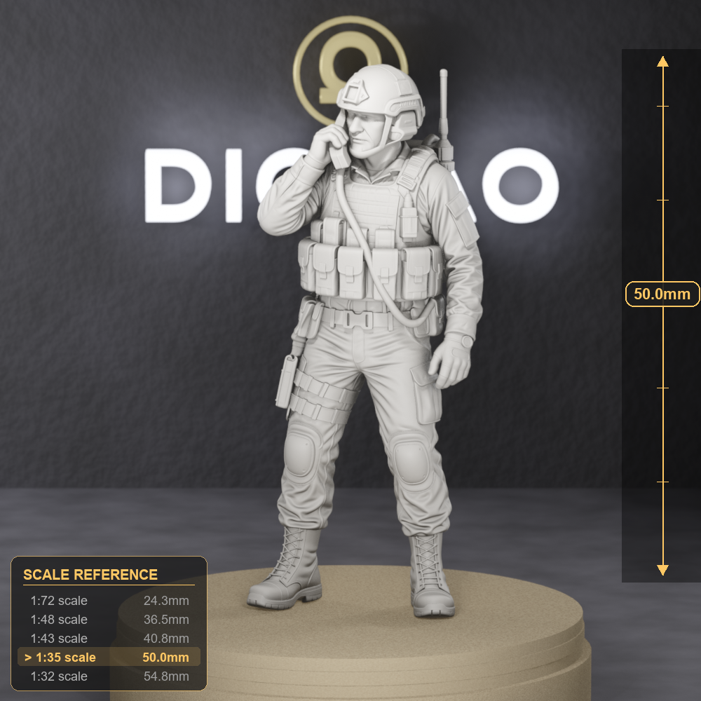 Radio Operator With Handset - modern infantry radio operator with backpack radio and handset to ear, 1:35 scale grey resin miniature. - size reference with ruler.