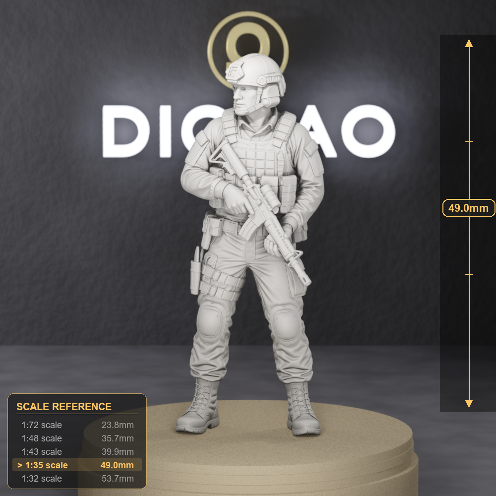 Rifleman At Low Ready - modern infantry rifleman at low ready position, 1:35 scale grey resin miniature. - size reference with ruler.