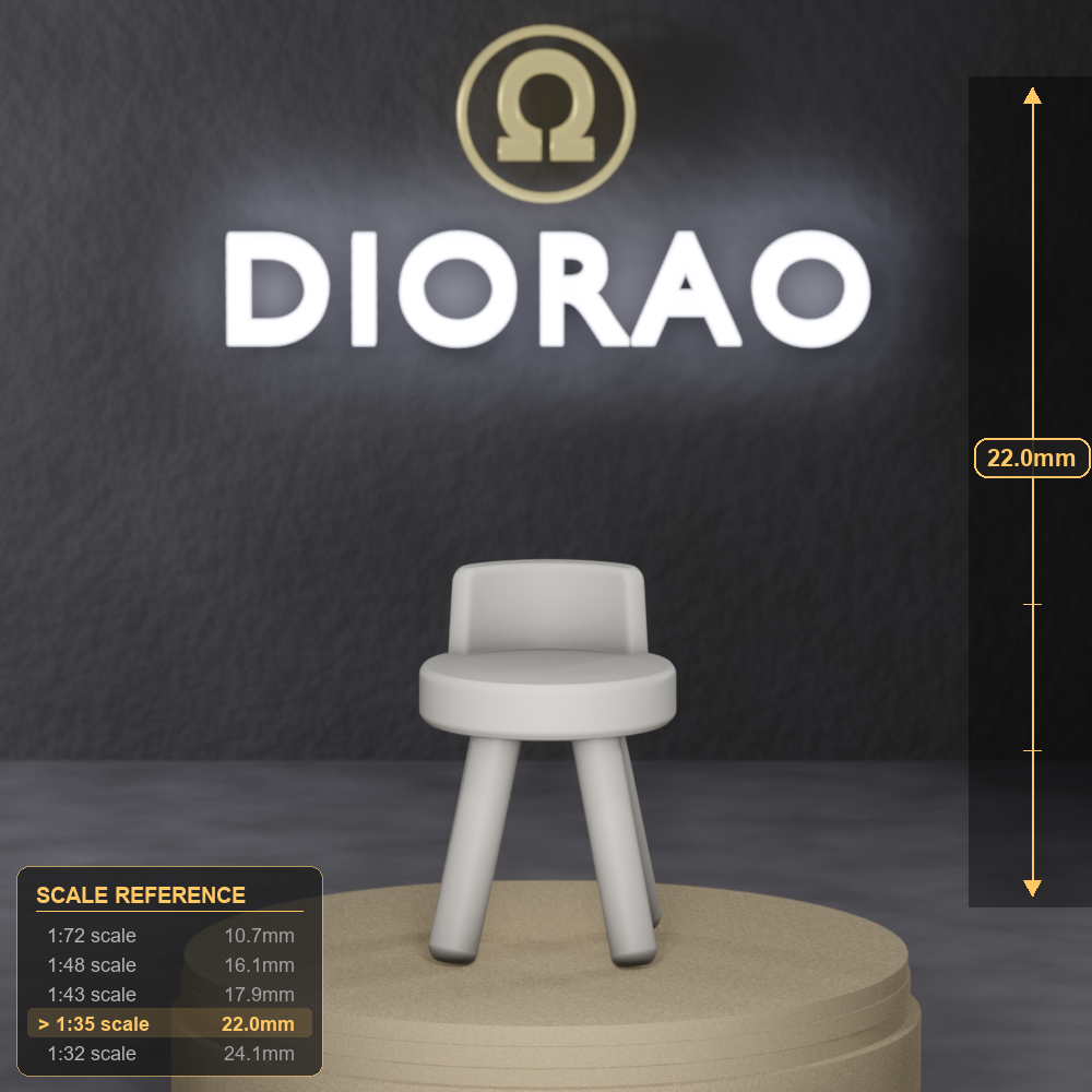 Rustic Three Leg Stool Chair - simple three-legged rustic wooden stool, 1:35 scale grey resin miniature. - size reference with ruler.