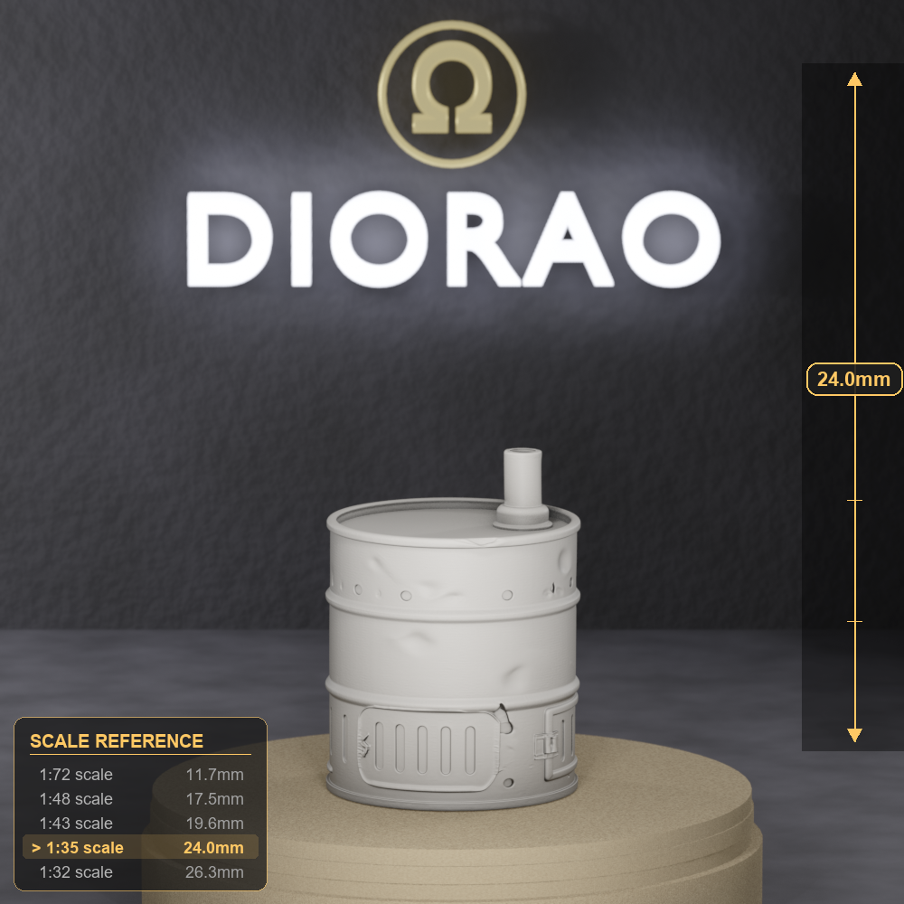 Scrap Barrel Stove - near-future apocalypse improvised oil-drum stove with crude chimney, 1:35 scale grey resin miniature. - size reference with ruler.