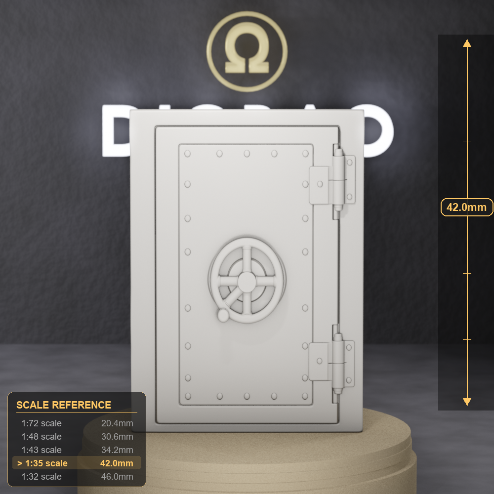 Secure Safe Door Section - Cold War Soviet secure office safe door fragment with dial and wheel, 1:35 scale grey resin miniature. - size reference with ruler.