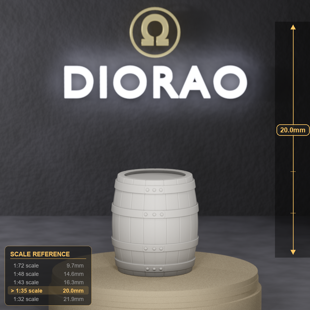 Small Firkin Barrel - small English firkin ale barrel, 1:35 scale grey resin miniature. - size reference with ruler.