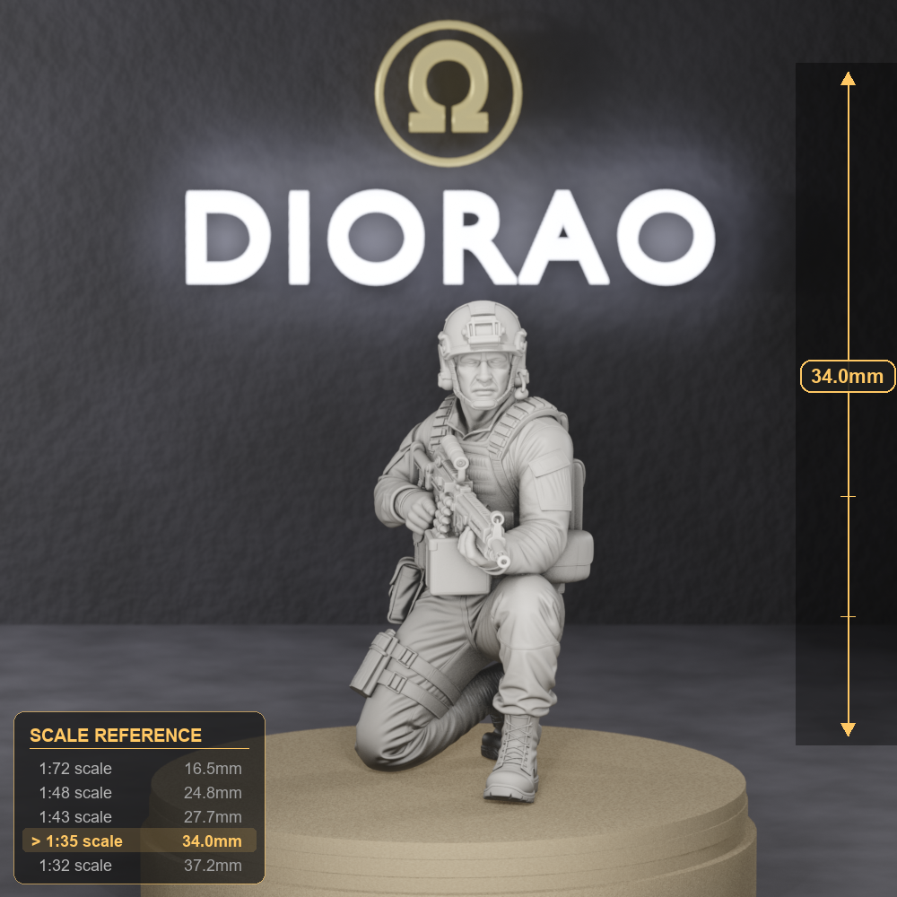 Squad Automatic Gunner Kneeling - modern infantry SAW gunner kneeling with light machine gun, 1:35 scale grey resin miniature. - size reference with ruler.