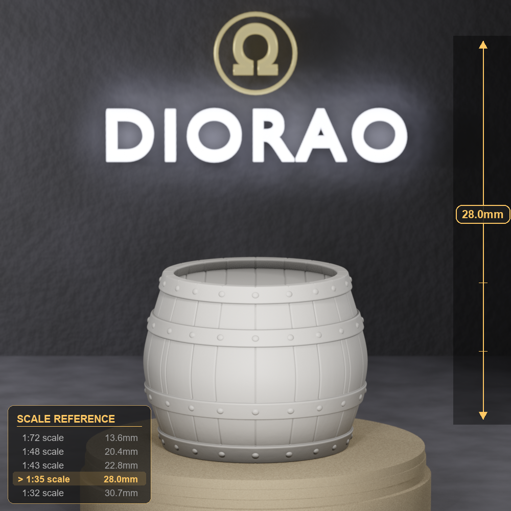 Squat Ale Barrel - short, wide ale or beer barrel with iron hoops, 1:35 scale grey resin miniature. - size reference with ruler.