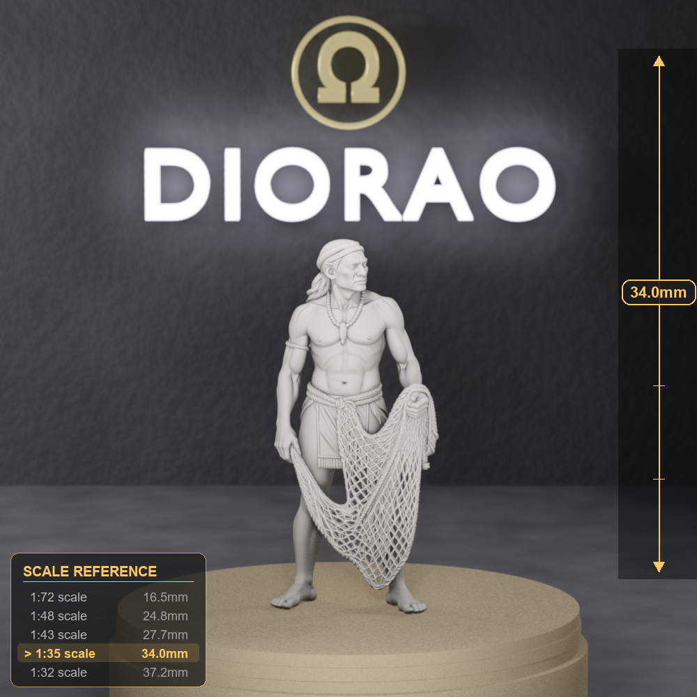 Taíno Fisher With Net - 1492 Caribbean Taíno fisher with woven net, 1:35 scale grey resin miniature. - size reference with ruler.