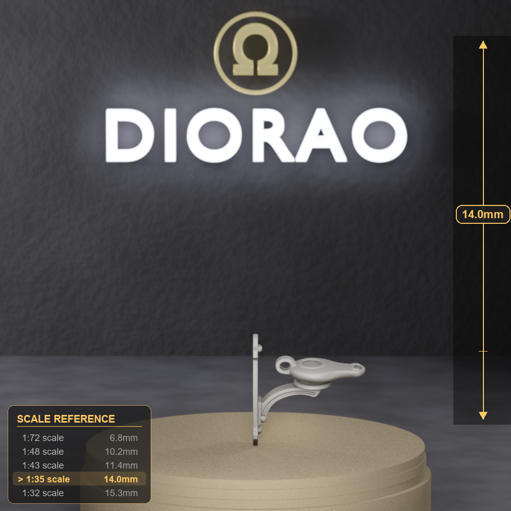 Wall Oil Lamp Bracket - Roman wall-mounted iron bracket holding a small oil lamp, 1:35 scale grey resin miniature. - size reference with ruler.