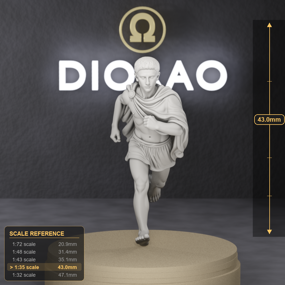 Young Agoge Runner - Spartan agoge youth running with a message, 1:35 scale grey resin miniature. - size reference with ruler.