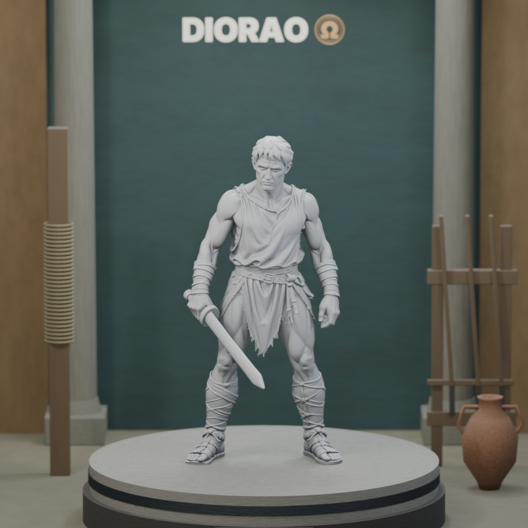 Gladiator Trainee with Wooden Sword — actual STL on the DIORAO display stage, consistent physical scale. Scenery not included.