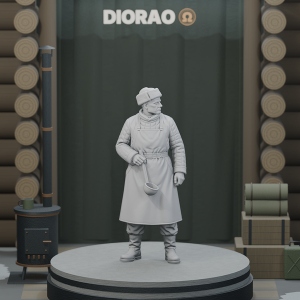 Camp Cook Holding Ladle — actual STL on the DIORAO display stage, consistent physical scale. Scenery not included.