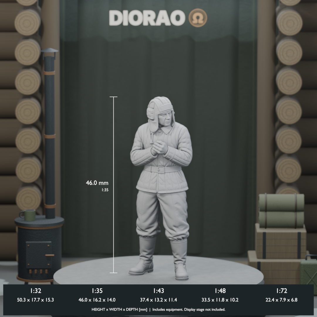 Tank Crewman Warming Hands — actual STL dimensions in all five scales, height x width x depth in millimetres. Scenery not included.