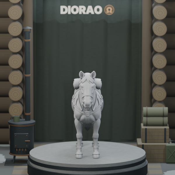 Pack Horse With Rolled Blanket — actual STL on the DIORAO display stage, consistent physical scale. Scenery not included.