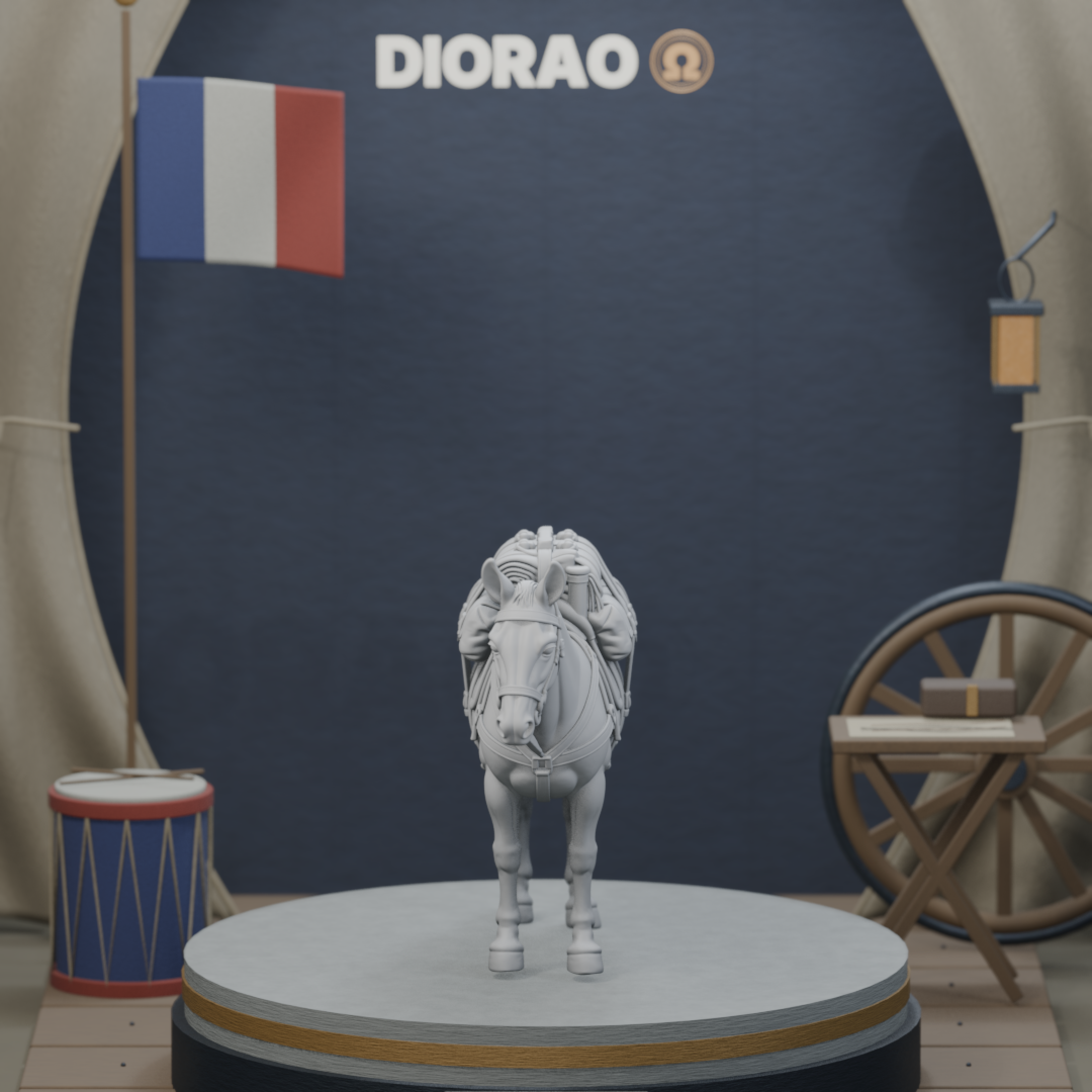 Pack Mule With Campaign Saddle — actual STL on the DIORAO display stage, consistent physical scale. Scenery not included.