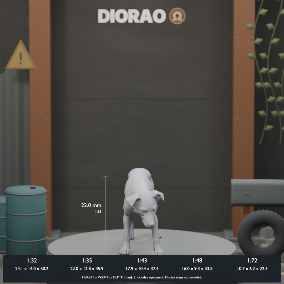 Scavenger Dog - actual STL dimensions in all five scales, height x width x depth in millimetres. Scenery not included.
