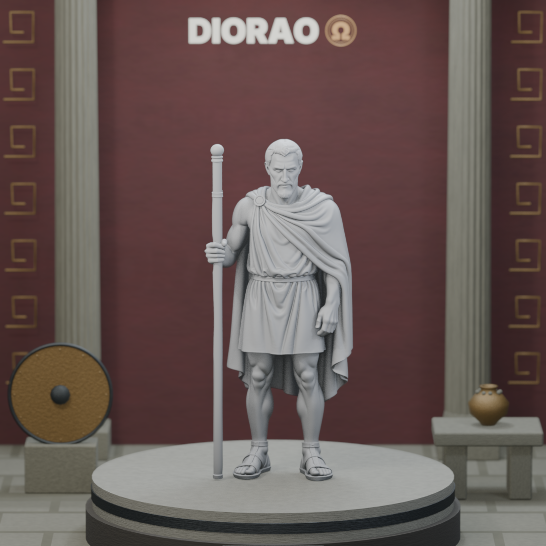 Spartan Herald With Staff — actual STL on the DIORAO display stage, consistent physical scale. Scenery not included.