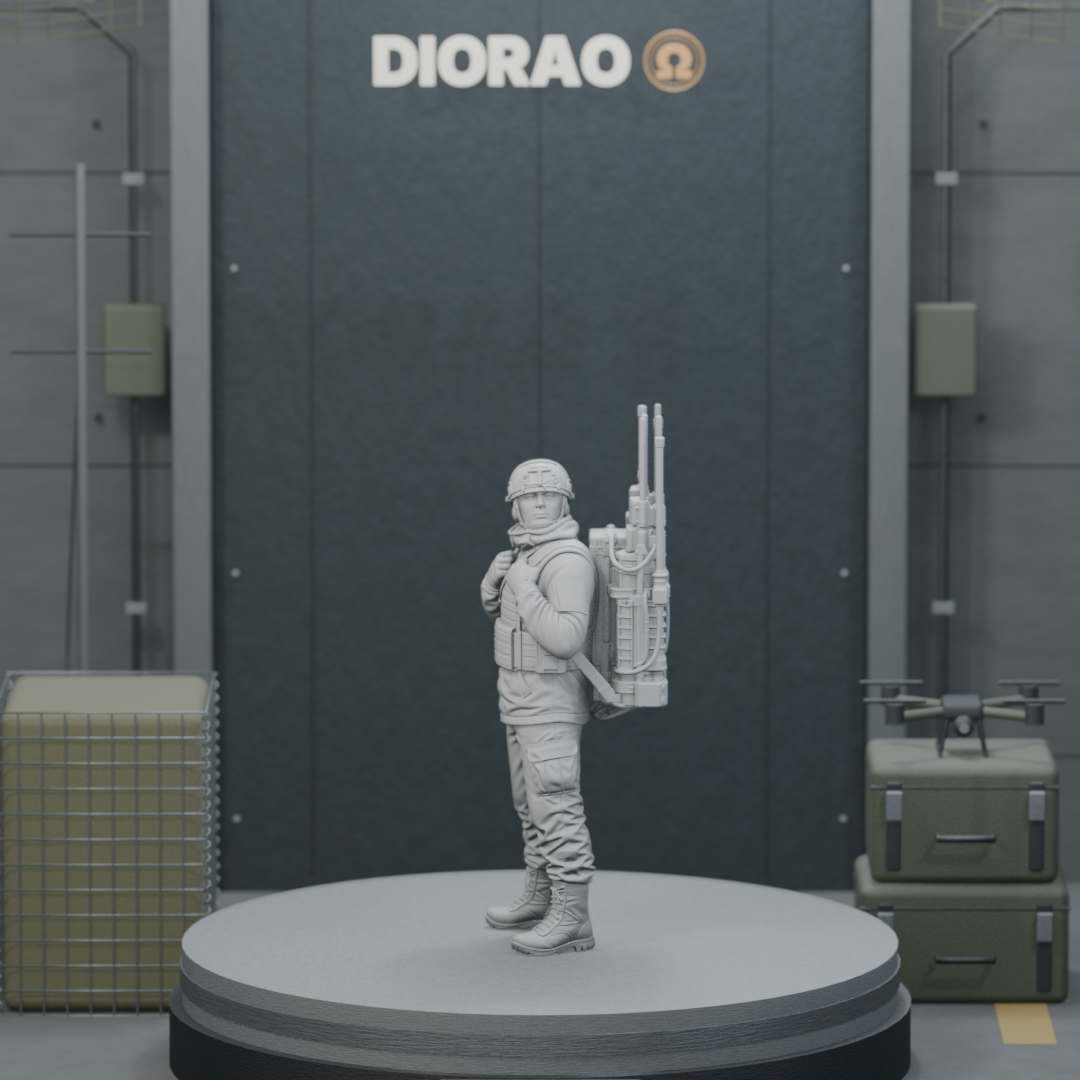 Electronic Warfare Backpack Operator — actual STL on the DIORAO display stage, consistent physical scale. Scenery not included.
