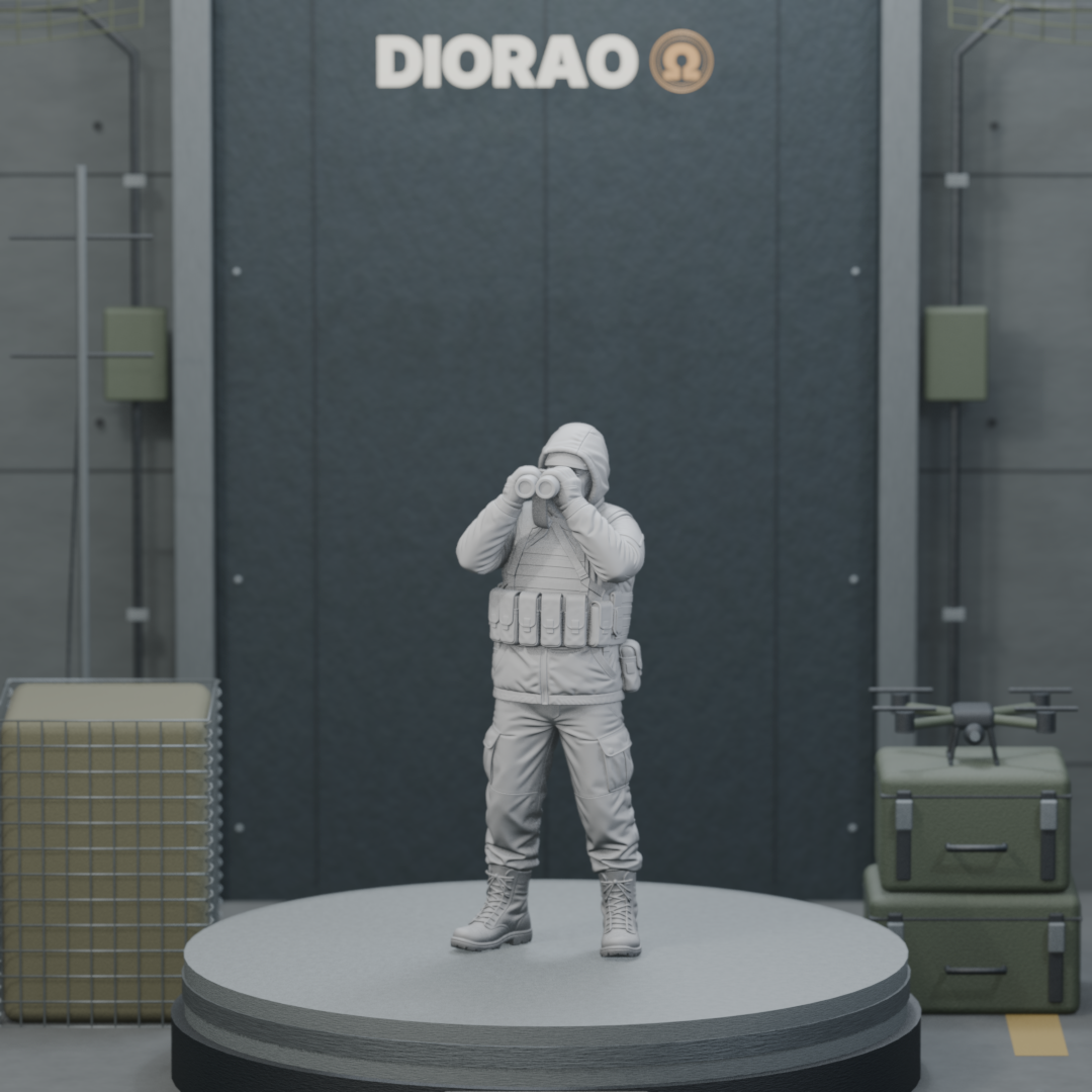 Trench Spotter With Binoculars — actual STL on the DIORAO display stage, consistent physical scale. Scenery not included.