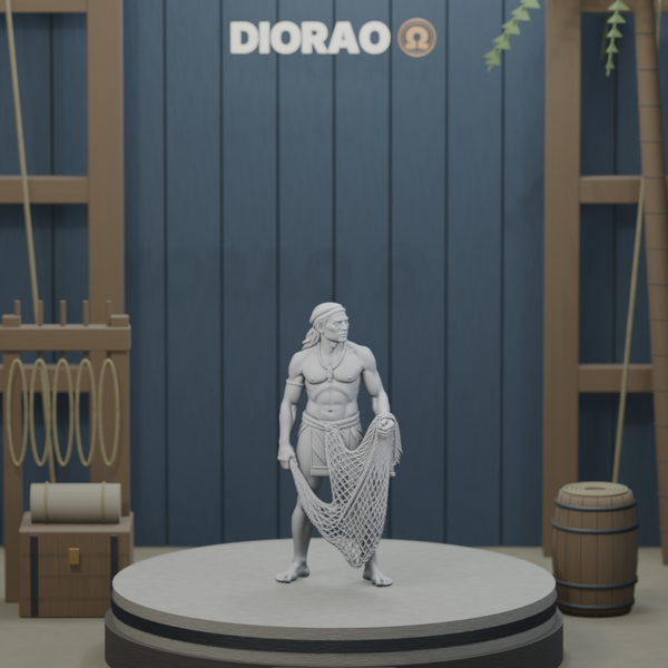 Taíno Fisher With Net - actual STL on the DIORAO display stage, consistent physical scale. Scenery not included.