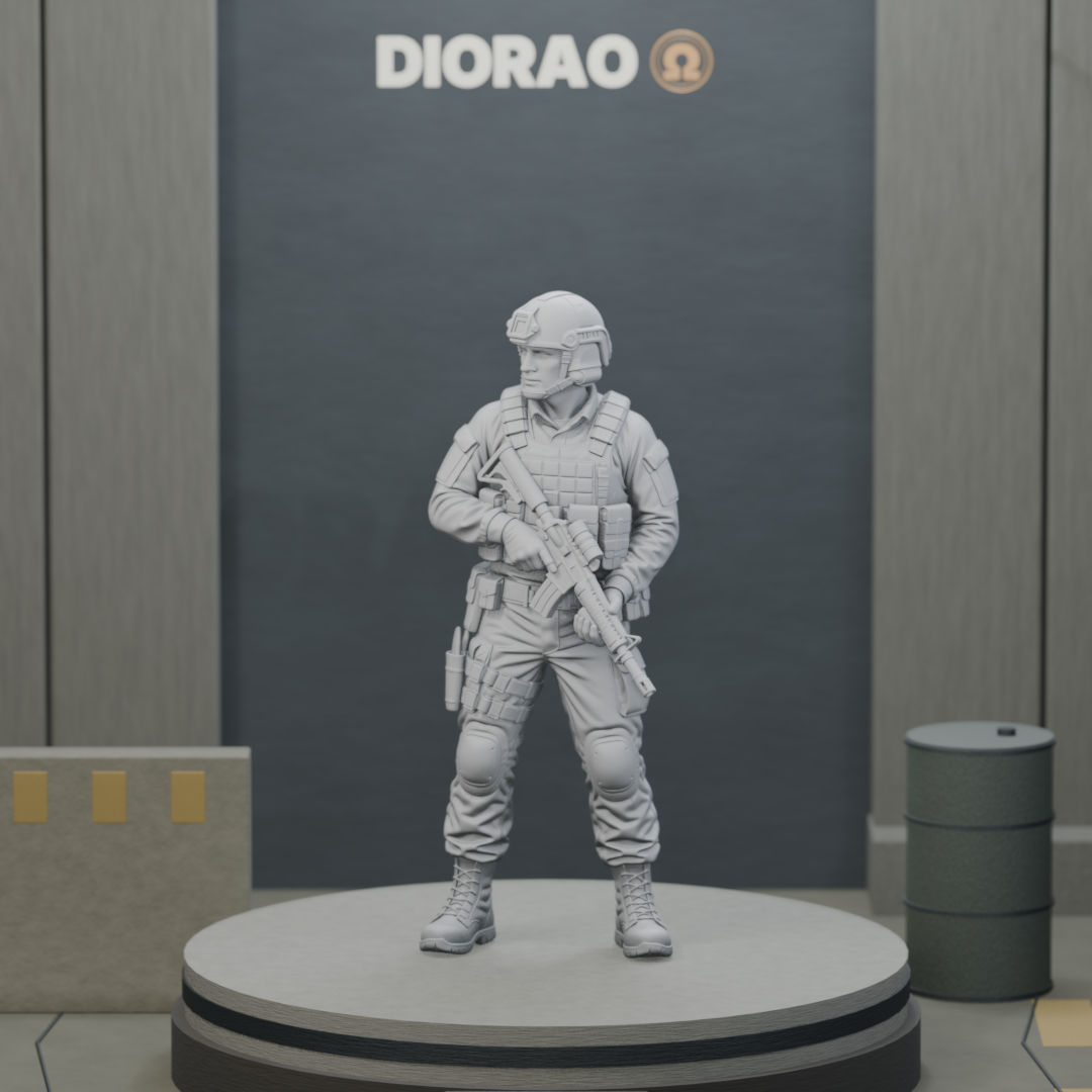Rifleman At Low Ready — actual STL on the DIORAO display stage, consistent physical scale. Scenery not included.