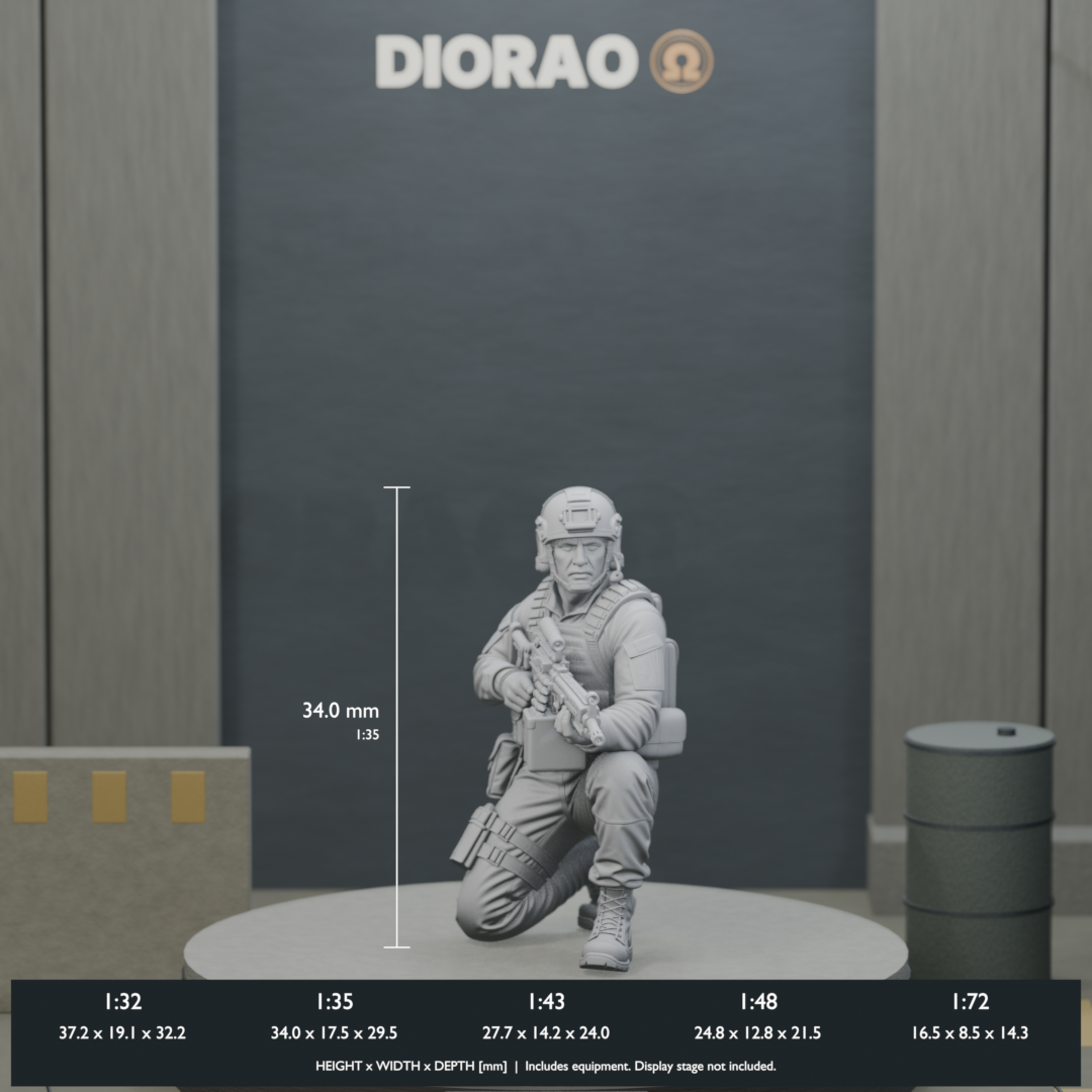 Squad Automatic Gunner Kneeling — actual STL dimensions in all five scales, height x width x depth in millimetres. Scenery not included.