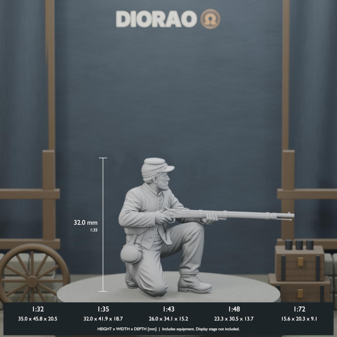 Confederate Skirmisher Kneeling - actual STL dimensions in all five scales, height x width x depth in millimetres. Scenery not included.