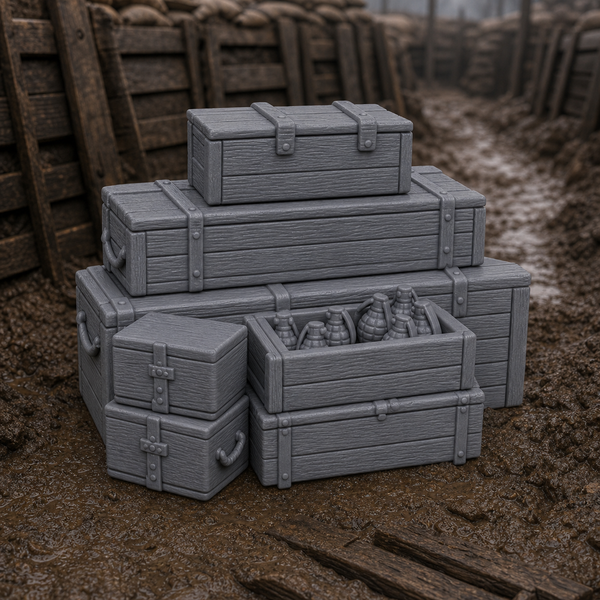 Ammunition Crate And Grenade Box Stack - WW1 trench stack of timber ammunition crates and a smaller grenade box, 1:35 scale grey resin miniature.