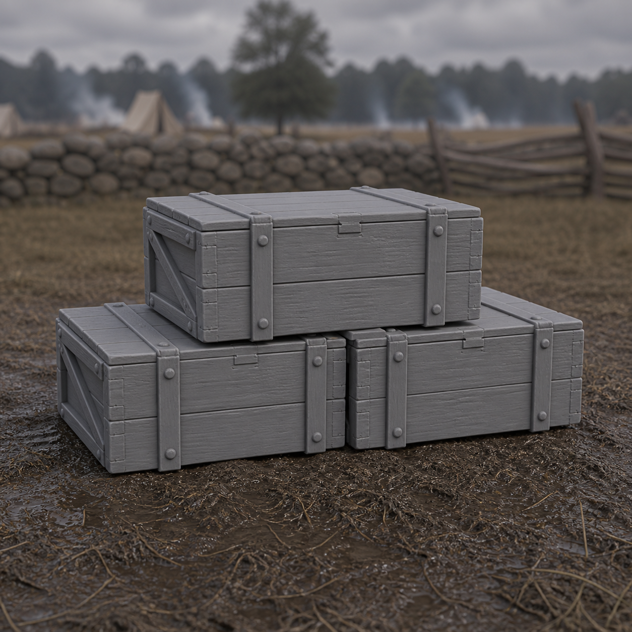 Ammunition Crate Stack - Civil War wooden ammunition crate stack with stencils, 1:35 scale grey resin miniature.